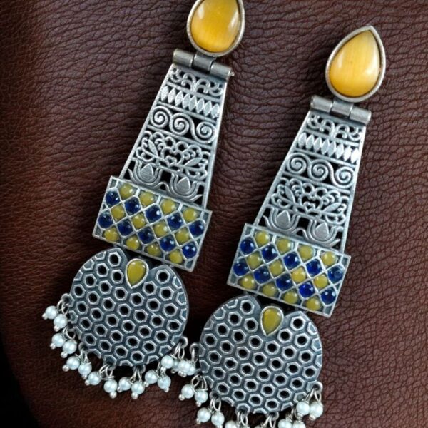 Handcrafted Oxidized Long Earrings | Stone & Pearl Work Unique Design Jewelry For Girls - "Yellow-Blue"