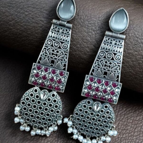 Handcrafted Oxidized Long Earrings | Stone & Pearl Work Unique Design Jewelry For Girls - "Grey-Red"