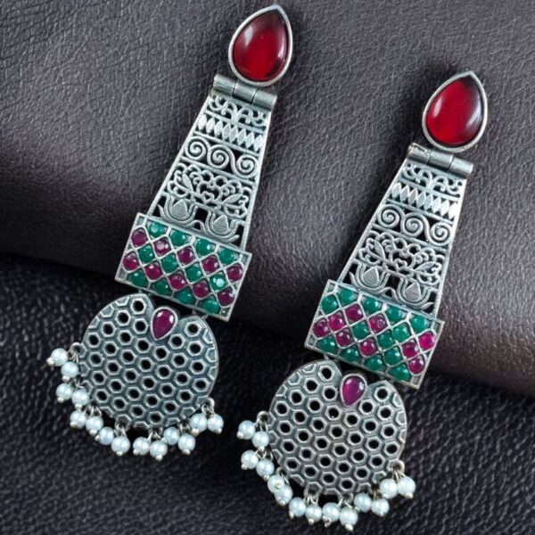 Handcrafted Oxidized Long Earrings | Stone & Pearl Work Unique Design Jewelry For Girls - "Red-Green"