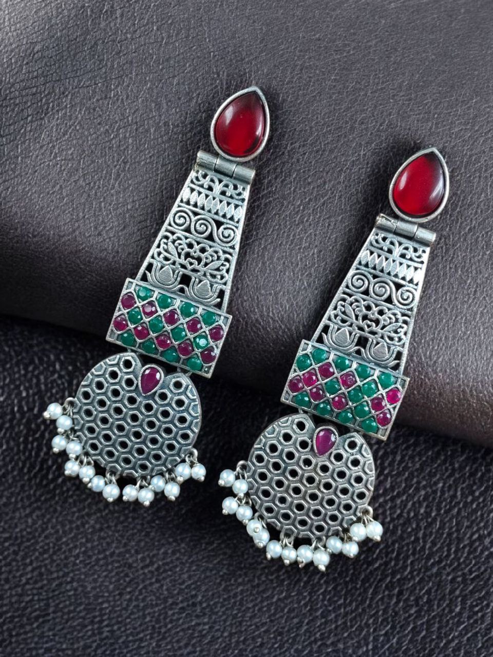 Handcrafted Oxidized Long Earrings | Stone & Pearl Work Unique Design Jewelry For Girls - Image 4