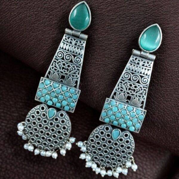 Handcrafted Oxidized Long Earrings | Stone & Pearl Work Unique Design Jewelry For Girls - "Mint"