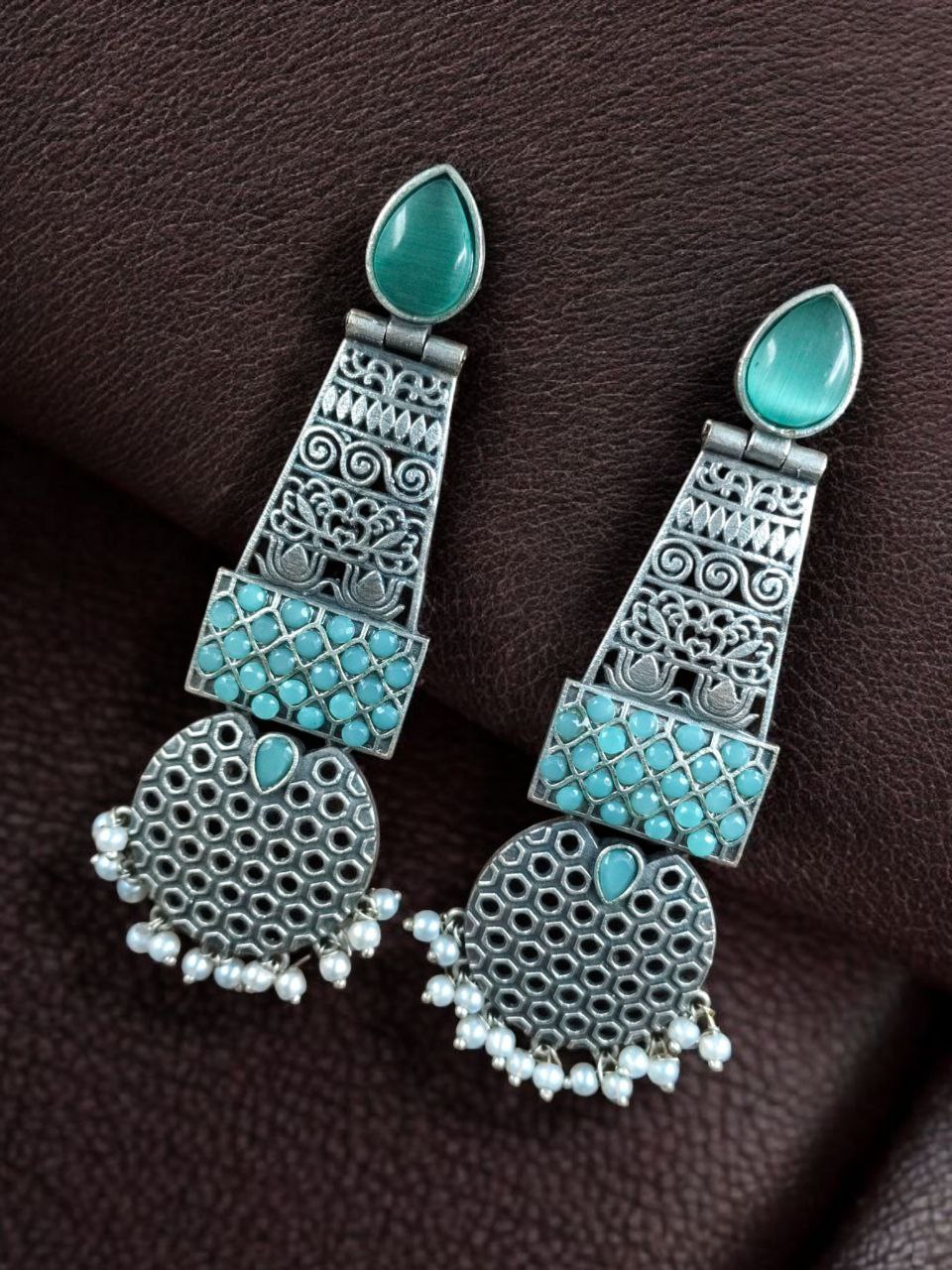 Handcrafted Oxidized Long Earrings | Stone & Pearl Work Unique Design Jewelry For Girls - Image 3