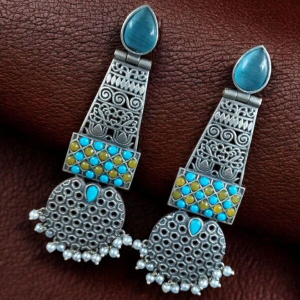 Handcrafted Oxidized Long Earrings | Stone & Pearl Work Unique Design Jewelry For Girls - "Aqua-Yellow"