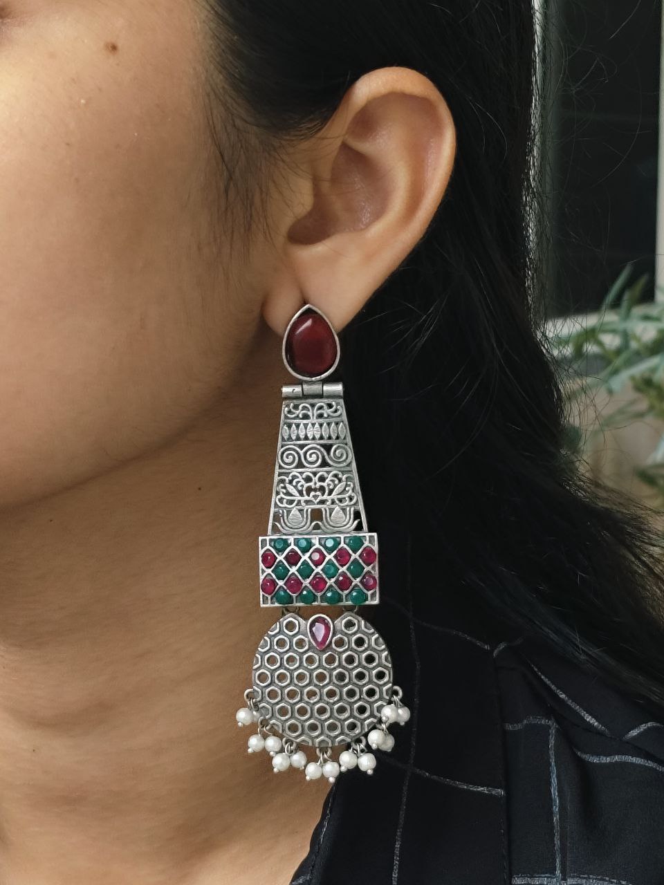 Handcrafted Oxidized Long Earrings | Stone & Pearl Work Unique Design Jewelry For Girls
