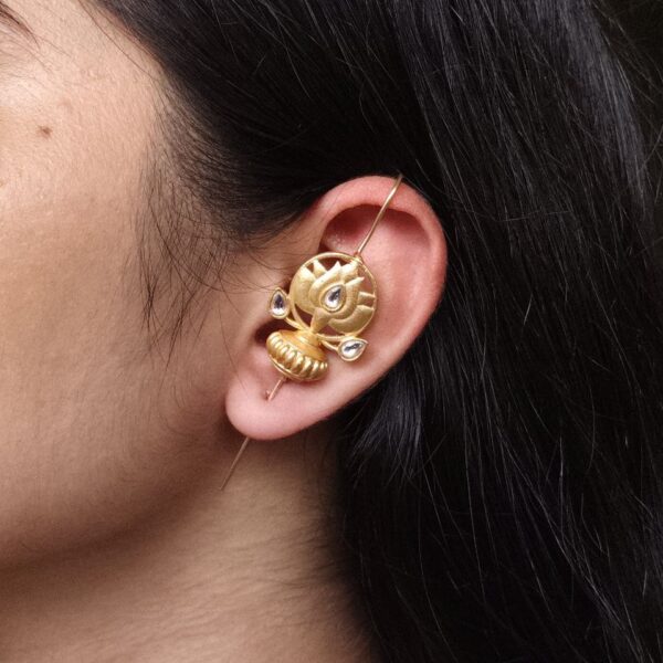 Adorable Gold Plated Lotus Design Earcuff | Casual & Traditional Wear Jewelry Gift For Her - "White"