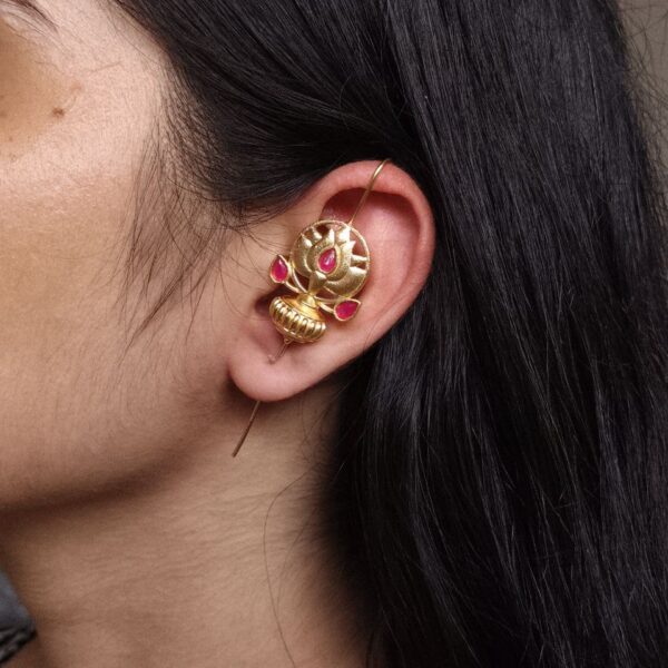 Adorable Gold Plated Lotus Design Earcuff | Casual & Traditional Wear Jewelry Gift For Her - "Red"
