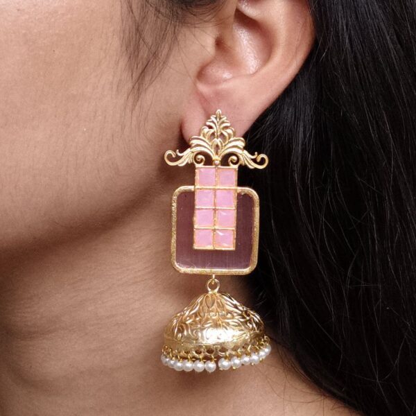 Affordable Traditional Gold Plated Floral Art Jhumka Earrings | Monalisa Stone & Pearl Work Jewelry - "Baby Pink"
