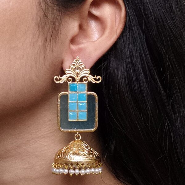 Affordable Traditional Gold Plated Floral Art Jhumka Earrings | Monalisa Stone & Pearl Work Jewelry - "Aqua"