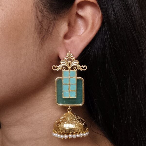 Affordable Traditional Gold Plated Floral Art Jhumka Earrings | Monalisa Stone & Pearl Work Jewelry - "Mint"