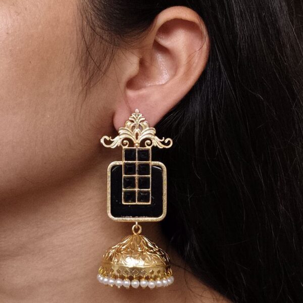 Affordable Traditional Gold Plated Floral Art Jhumka Earrings | Monalisa Stone & Pearl Work Jewelry - "Black"