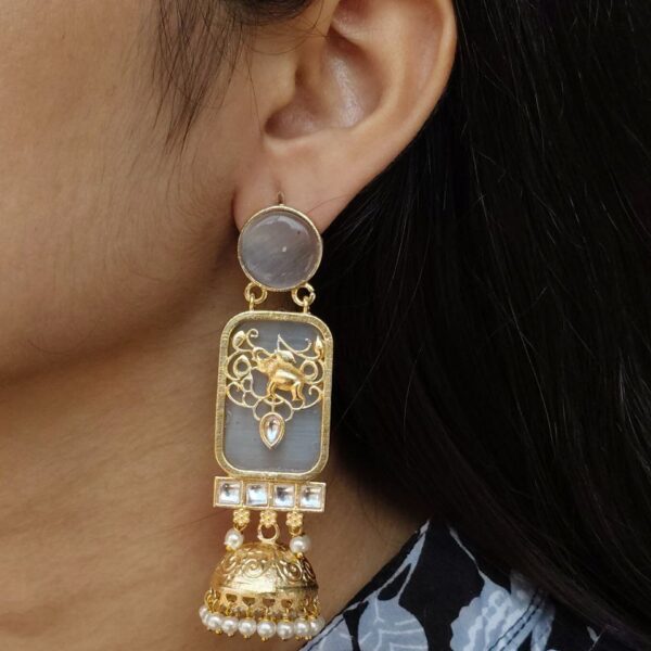 Traditional Elephant Jhumki Earrings | Gold Plated with Monalisa Stone & Pearl Work Beautiful Jewelry - "Grey"