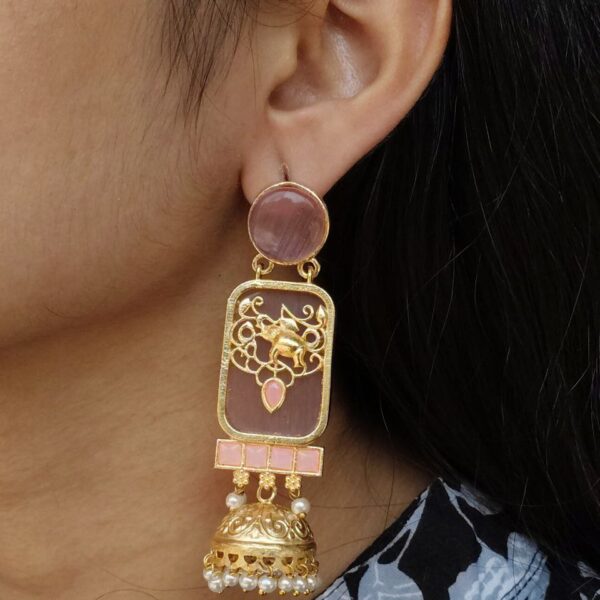 Traditional Elephant Jhumki Earrings | Gold Plated with Monalisa Stone & Pearl Work Beautiful Jewelry - "Baby Pink