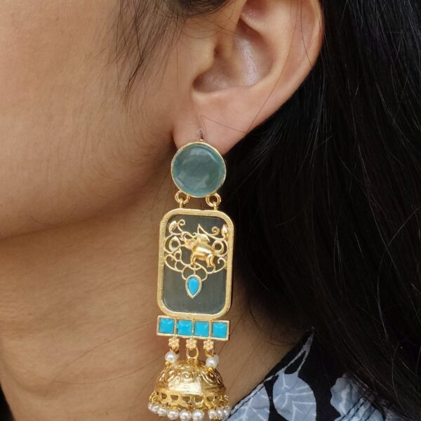 Traditional Elephant Jhumki Earrings | Gold Plated with Monalisa Stone & Pearl Work Beautiful Jewelry - "Aqua"