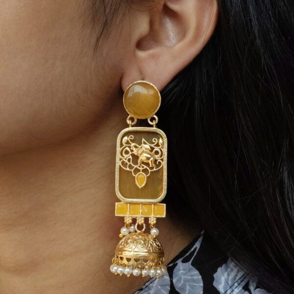 Traditional Elephant Jhumki Earrings | Gold Plated with Monalisa Stone & Pearl Work Beautiful Jewelry - "Yellow"