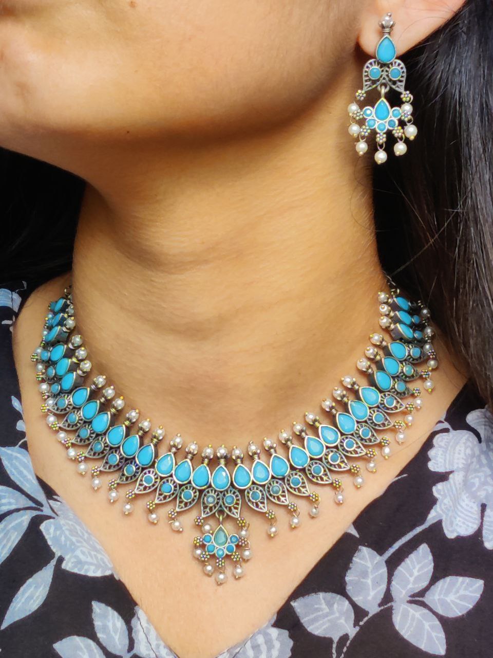 Unique Leaf Design Necklace Set ? Silver Plated with Stone & Pearl Work for Festive Wear