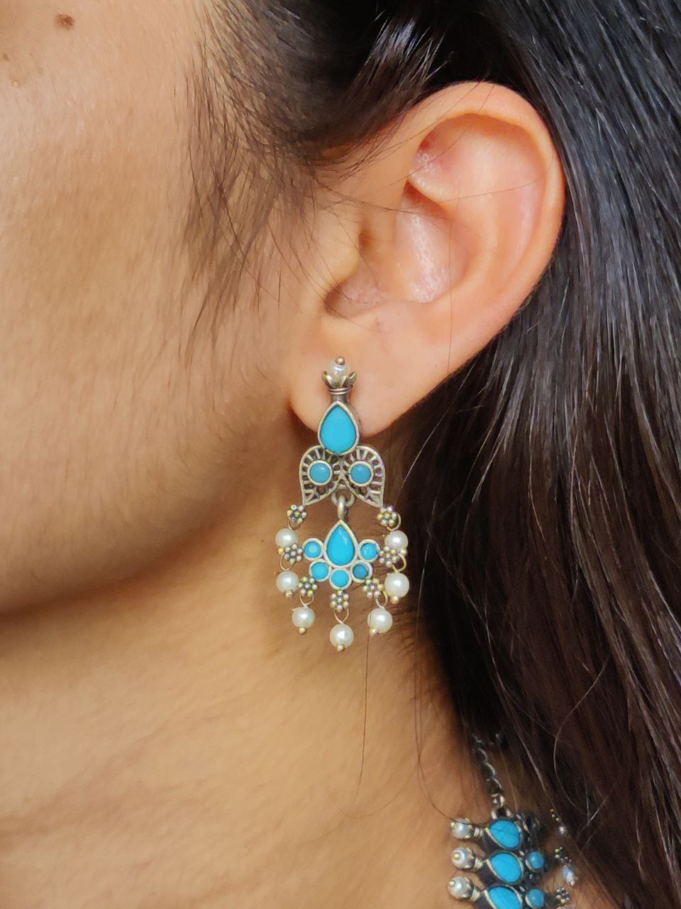 Unique Leaf Design Necklace Set ? Silver Plated with Stone & Pearl Work for Festive Wear - Image 4