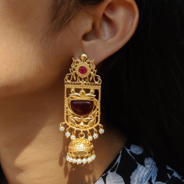 Antique Gold Plated Long Jhumka Earrings | Floral Art Monalisa Stone & Pearl Work Best Traditional Jewelry - "Red"
