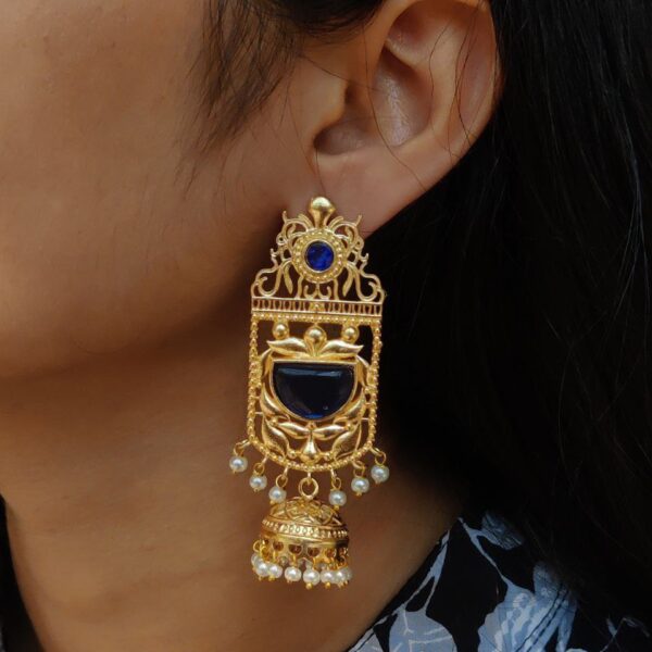 Antique Gold Plated Long Jhumka Earrings | Floral Art Monalisa Stone & Pearl Work Best Traditional Jewelry - "Blue"