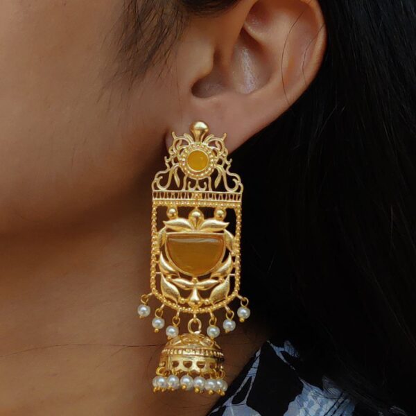 Antique Gold Plated Long Jhumka Earrings | Floral Art Monalisa Stone & Pearl Work Best Traditional Jewelry - "Yellow"