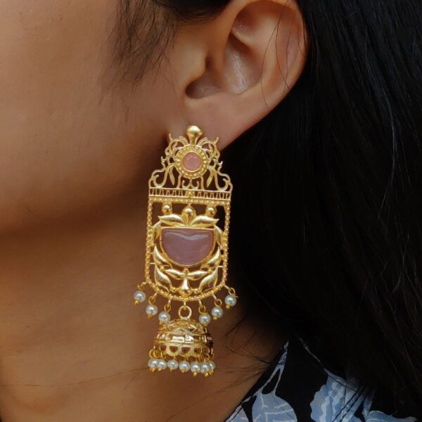 Antique Gold Plated Long Jhumka Earrings | Floral Art Monalisa Stone & Pearl Work Best Traditional Jewelry - "Baby Pink"