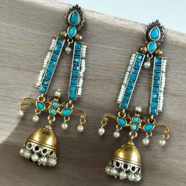 Traditional Long Two-Tone Jhumki Earrings | Pearl & Stone Work Dangler Amazing Jewelry for Women - "Aqua"