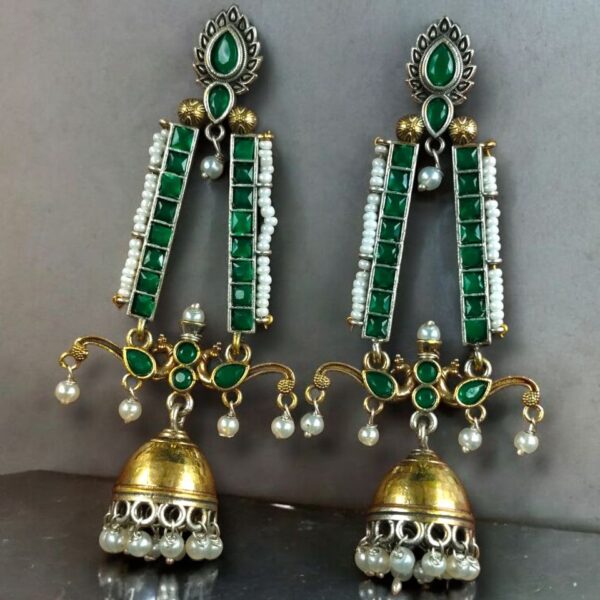 Traditional Long Two-Tone Jhumki Earrings | Pearl & Stone Work Dangler Amazing Jewelry for Women - "Green"