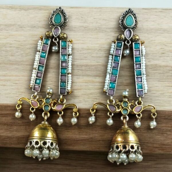 Traditional Long Two-Tone Jhumki Earrings | Pearl & Stone Work Dangler Amazing Jewelry for Women - "Baby Pink-Mint"