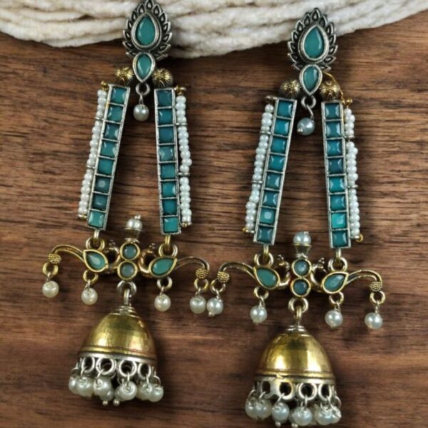 Traditional Long Two-Tone Jhumki Earrings | Pearl & Stone Work Dangler Amazing Jewelry for Women - "Mint"
