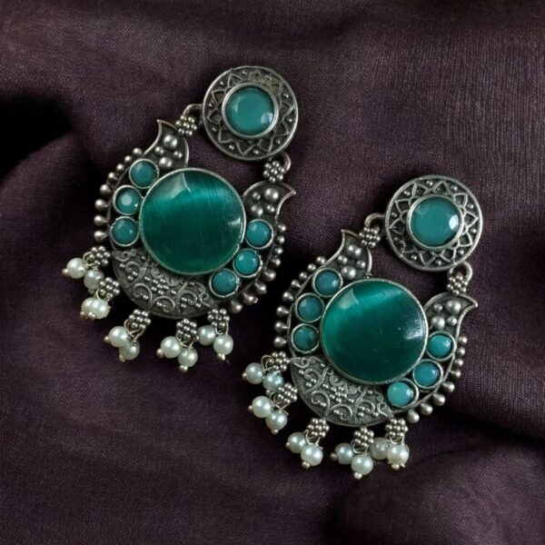 Beautiful Floral Art Earrings | Traditional Oxidized Silver Plated Pearl Work & Monalisa Stone Jewelry - "Mint"