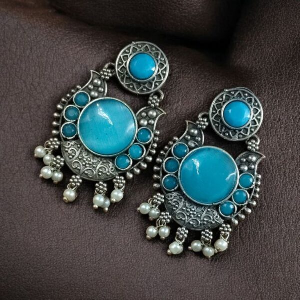 Beautiful Floral Art Earrings | Traditional Oxidized Silver Plated Pearl Work & Monalisa Stone Jewelry - "Aqua"
