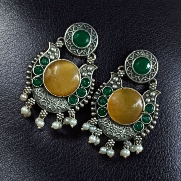 Beautiful Floral Art Earrings | Traditional Oxidized Silver Plated Pearl Work & Monalisa Stone Jewelry - "Green-Yellow"