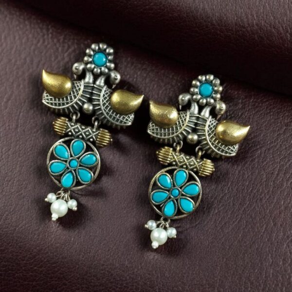 Traditional Two-Tone Bird Earrings | Lightweight Dangler with Pearl & Stone Work Unique Jewelry for Girls - "Aqua"