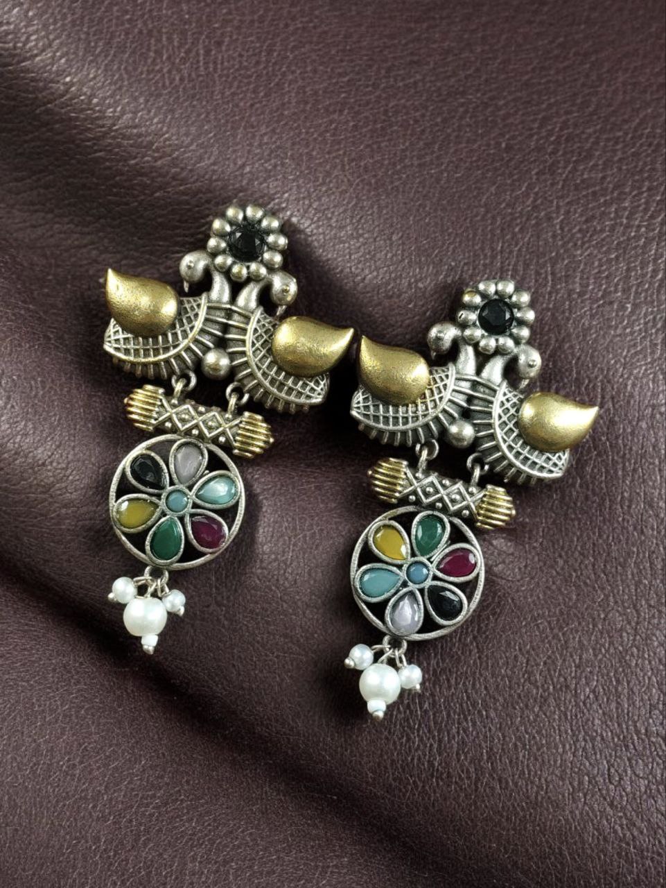 Traditional Two-Tone Bird Earrings | Lightweight Dangler with Pearl & Stone Work Unique Jewelry for Girls - Image 10