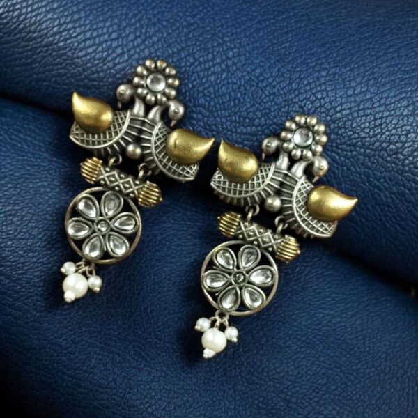 Traditional Two-Tone Bird Earrings | Lightweight Dangler with Pearl & Stone Work Unique Jewelry for Girls - "White"