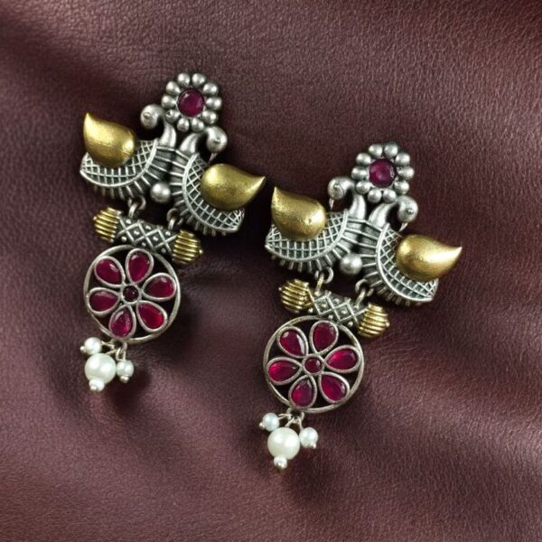 Traditional Two-Tone Bird Earrings | Lightweight Dangler with Pearl & Stone Work Unique Jewelry for Girls - "Red"