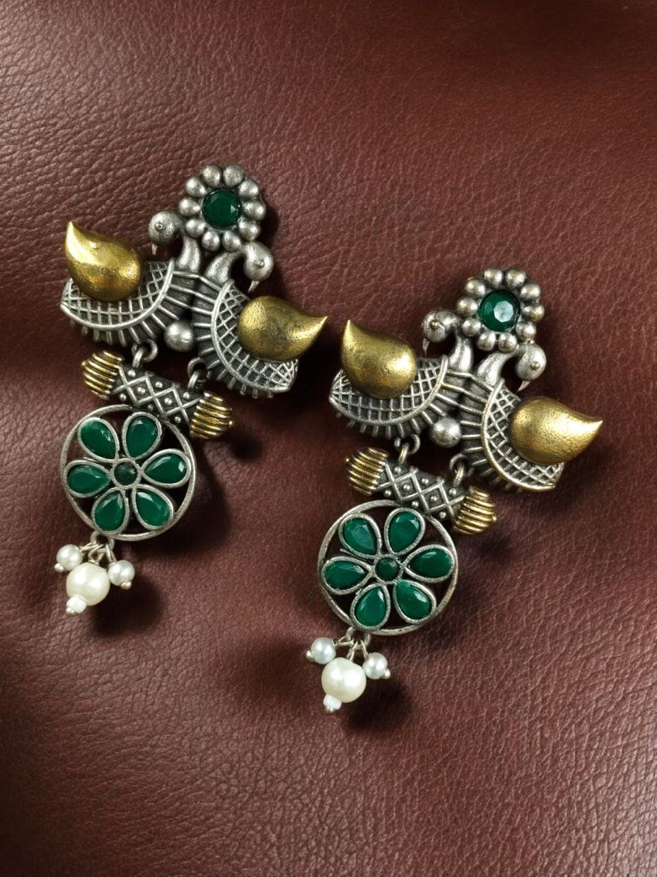 Traditional Two-Tone Bird Earrings | Lightweight Dangler with Pearl & Stone Work Unique Jewelry for Girls - Image 2