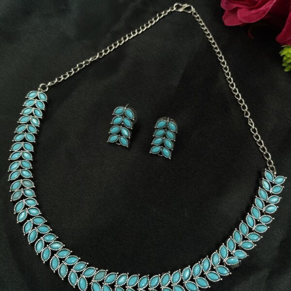 Beautiful Stone Work Leaf Necklace Set | Oxidized Silver Plated Ethnic Traditional Jewelry - "Aqua"