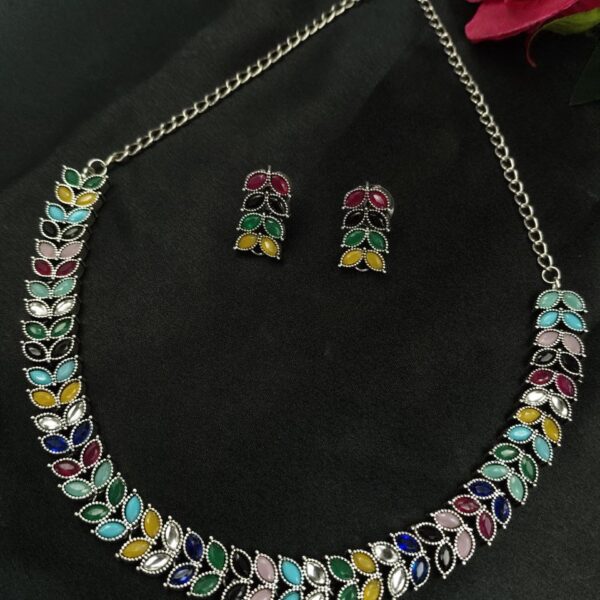 Beautiful Stone Work Leaf Necklace Set | Oxidized Silver Plated Ethnic Traditional Jewelry - "Multi"