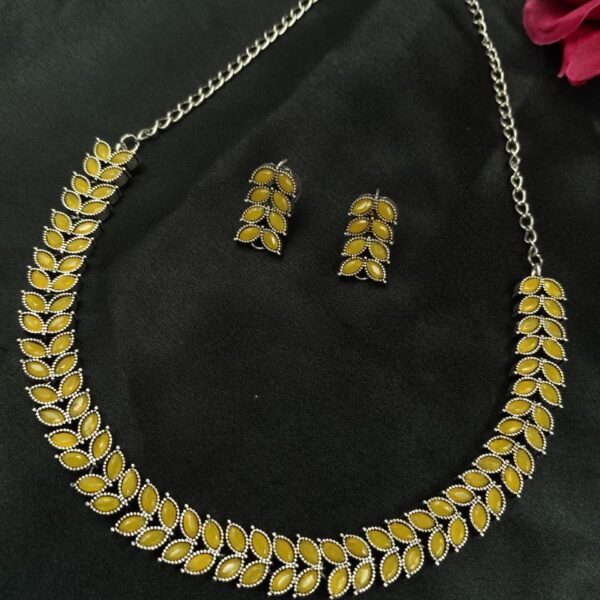 Beautiful Stone Work Leaf Necklace Set | Oxidized Silver Plated Ethnic Traditional Jewelry - "Yellow"