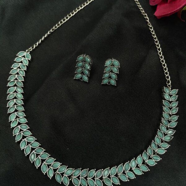 Beautiful Stone Work Leaf Necklace Set | Oxidized Silver Plated Ethnic Traditional Jewelry - "Mint"