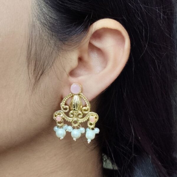 Ethnic Look Alike Gold Plated Earrings | Stone & Pearl Work Unique Design Jewelry - "Baby Pink"
