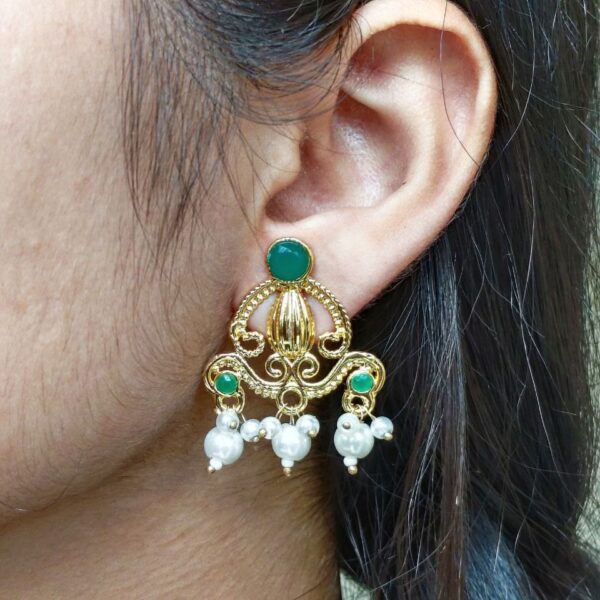 Ethnic Look Alike Gold Plated Earrings | Stone & Pearl Work Unique Design Jewelry - "Green"