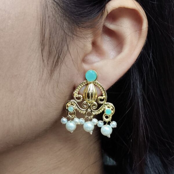 Ethnic Look Alike Gold Plated Earrings | Stone & Pearl Work Unique Design Jewelry - "Mint"