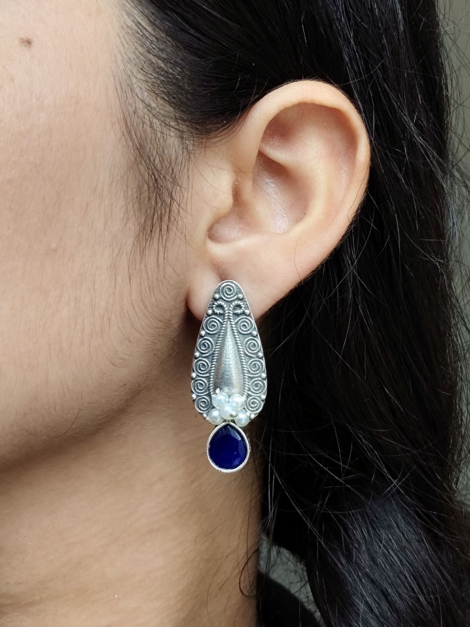 Traditional Oxidized Stud Earrings | Silver Plated Best Floral Art with Stone & Pearl Work