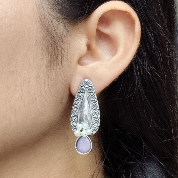 Traditional Oxidized Stud Earrings | Silver Plated Best Floral Art with Stone & Pearl Work - "Baby Pink"