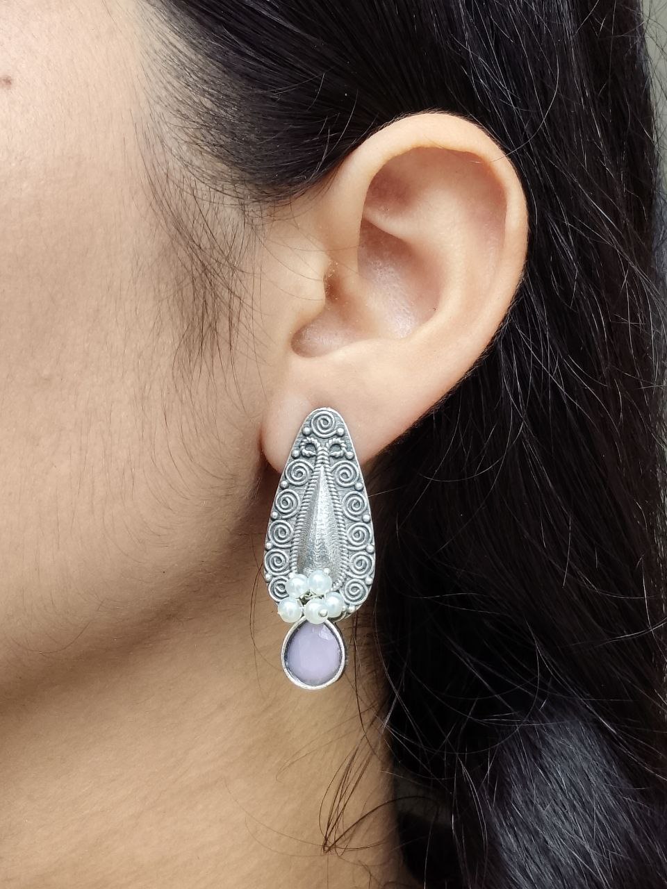 Traditional Oxidized Stud Earrings | Silver Plated Best Floral Art with Stone & Pearl Work - Image 7