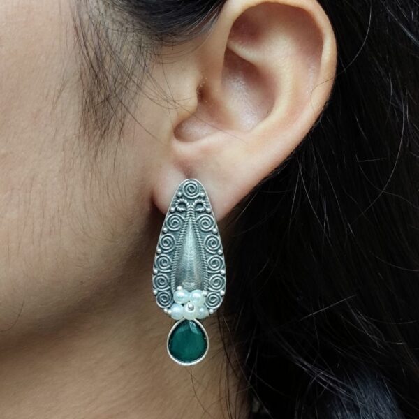 Traditional Oxidized Stud Earrings | Silver Plated Best Floral Art with Stone & Pearl Work - "Green"
