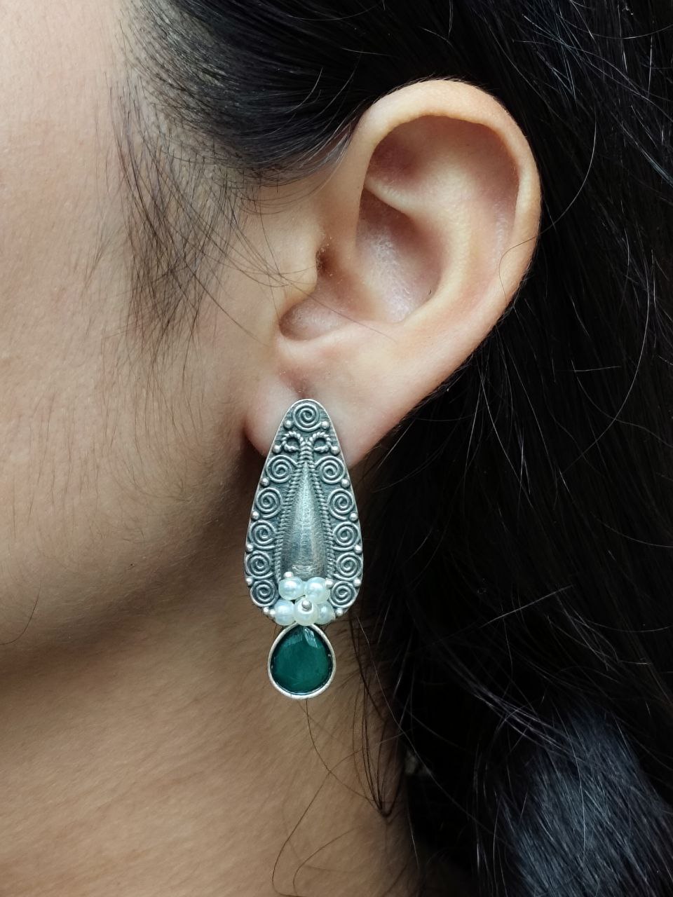 Traditional Oxidized Stud Earrings | Silver Plated Best Floral Art with Stone & Pearl Work - Image 6