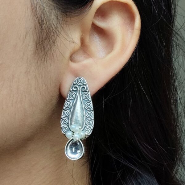 Traditional Oxidized Stud Earrings | Silver Plated Best Floral Art with Stone & Pearl Work - "White"