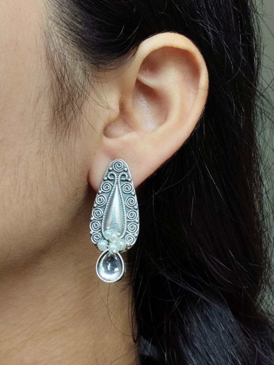 Traditional Oxidized Stud Earrings | Silver Plated Best Floral Art with Stone & Pearl Work - Image 4